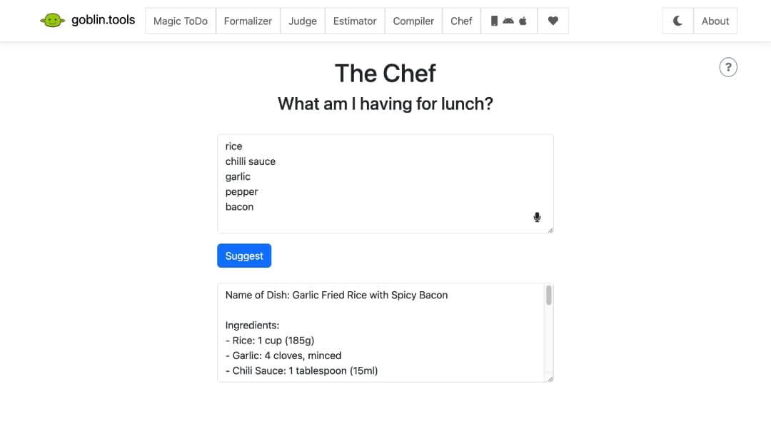 Screenshot of The Chef page